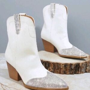 Women's white rhinestone ankle booties